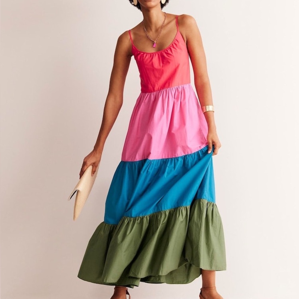 Boden‎ Trapeze Cotton Maxi Dress Rainbow Tiered Colorblock Boho Sundress US 8